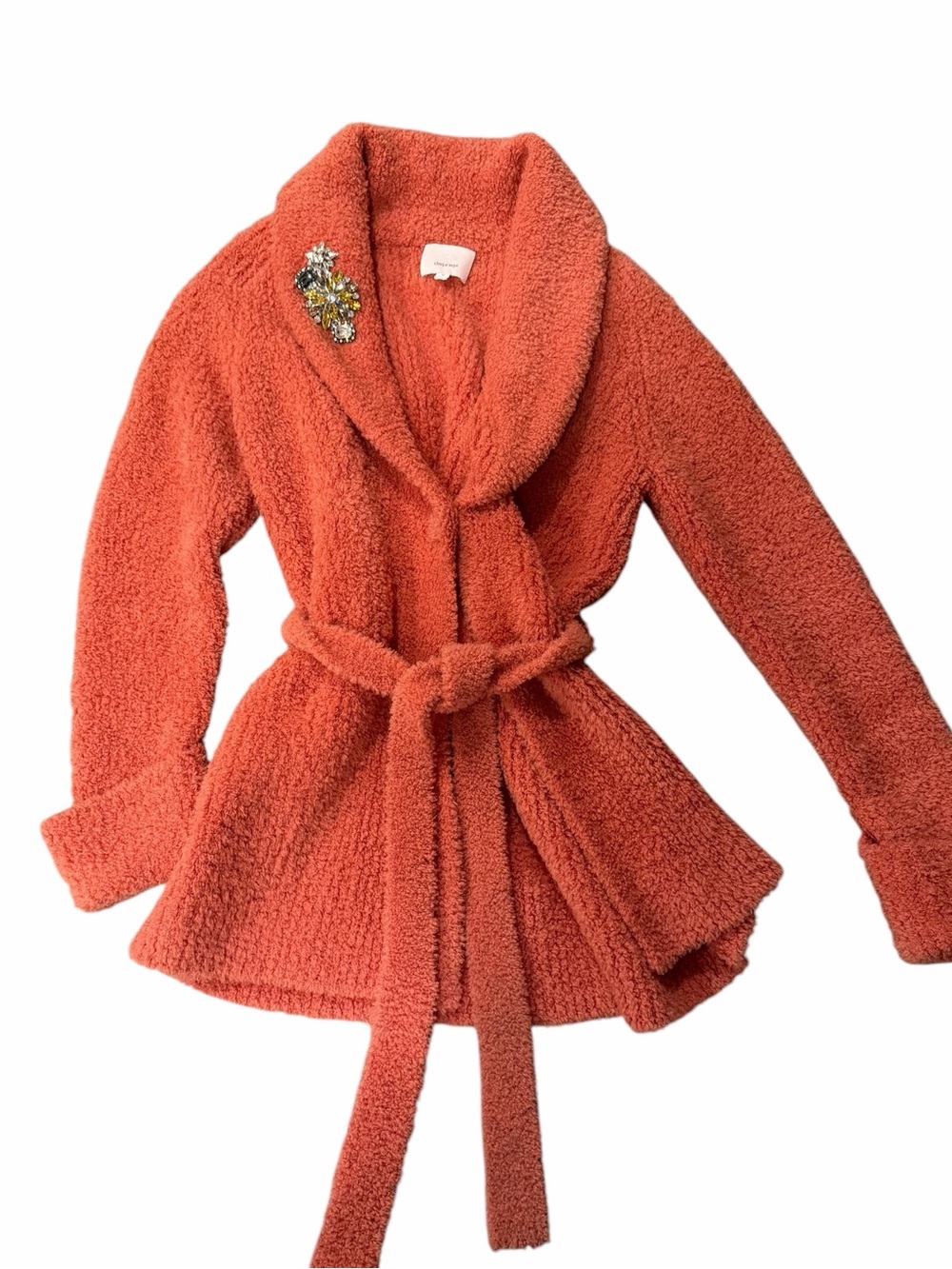 Cinq à Sept Teddy Belted Sweater Coatigan Jeweled Brooch M